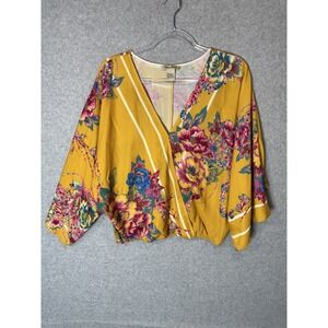 Flying Tomato Blouse Womens Large Yellow Floral‎ Surplice Boho Top Kimono Sleeve